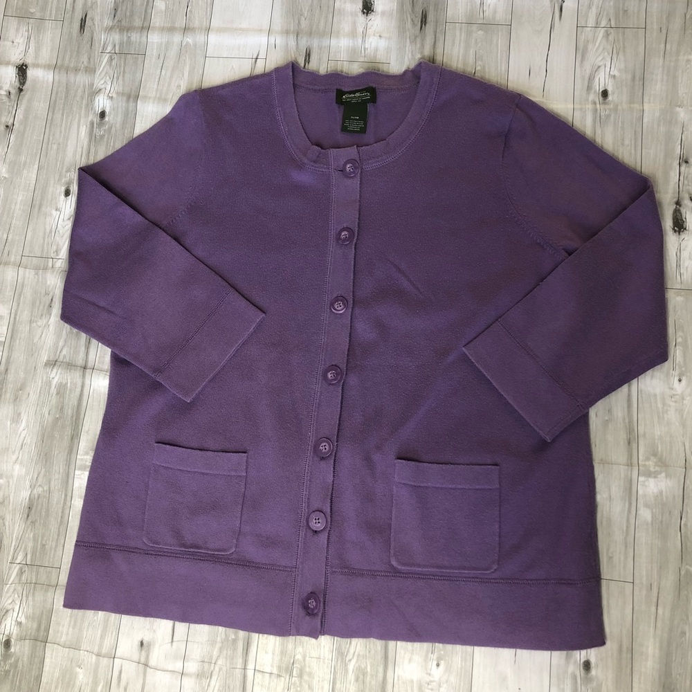 Eddie Bauer Sweater Womens XL Purple Button Down Cardigan 3/4 Sleeve